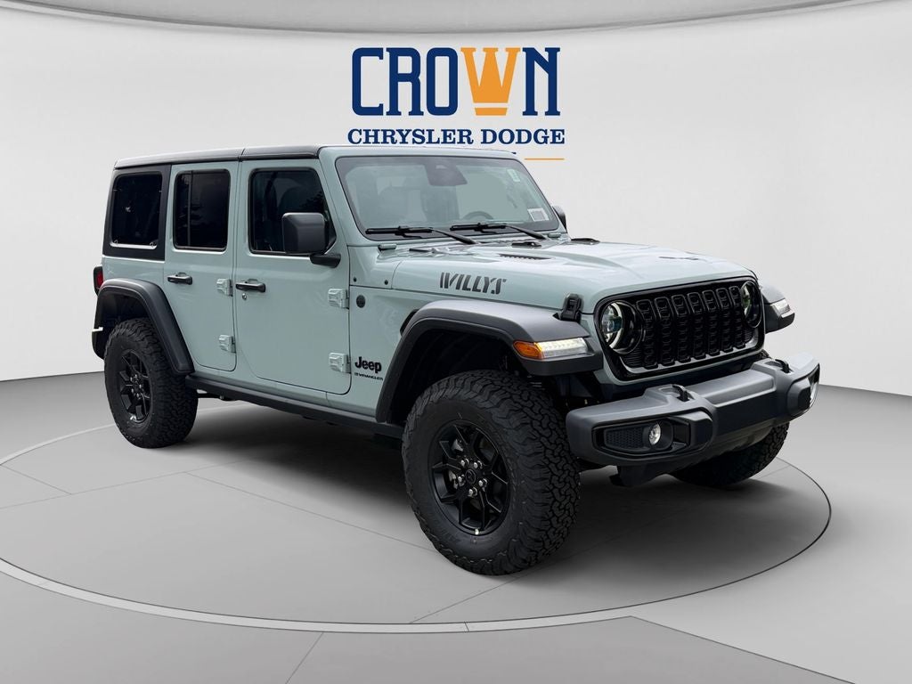 2026 Jeep Wrangler Willys in Earl Clearcoat — front three-quarter view