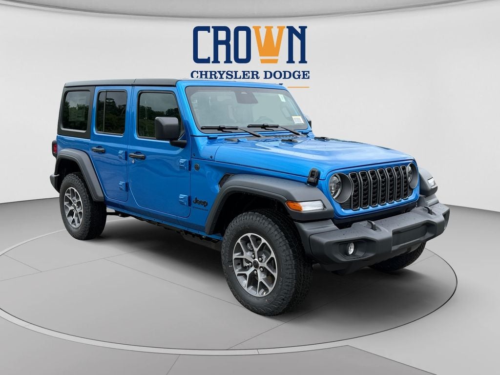 2026 Jeep Wrangler Sport S in Hydro Blue Pearl Coat — front three-quarter view