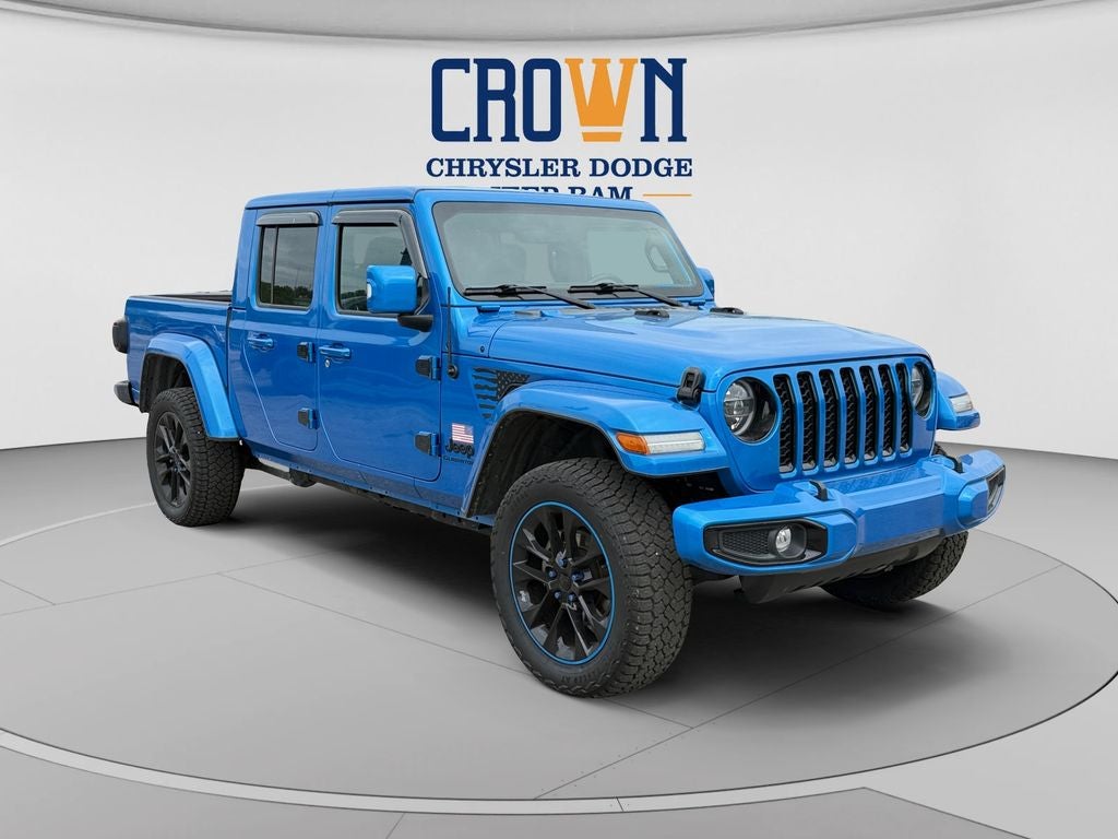 2022 Jeep Gladiator Overland in Hydro Blue Pearlcoat — front three-quarter view