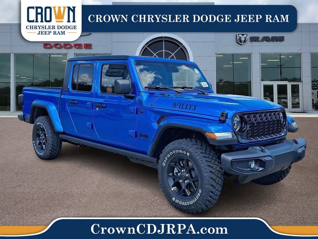 2026 Jeep Gladiator Willys in Hydro Blue Pearlcoat — front three-quarter view