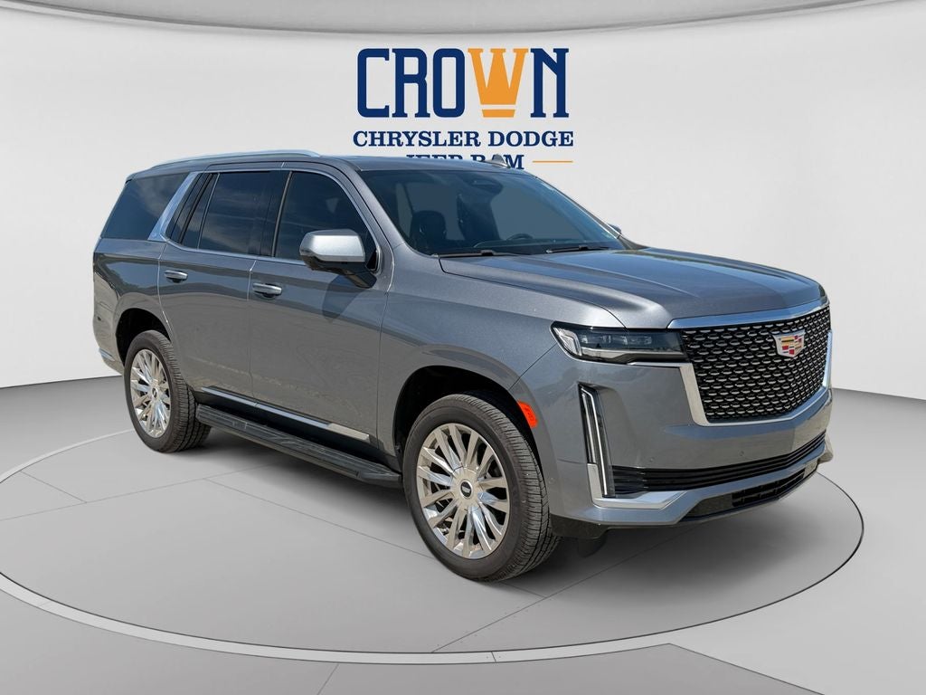 2021 Cadillac Escalade Premium Luxury in Satin Steel Metallic — front three-quarter view