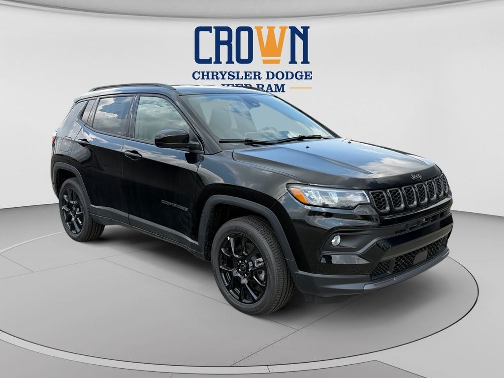 2026 Jeep Compass Latitude in Diamond Black Crystal Pearlcoat — front three-quarter view