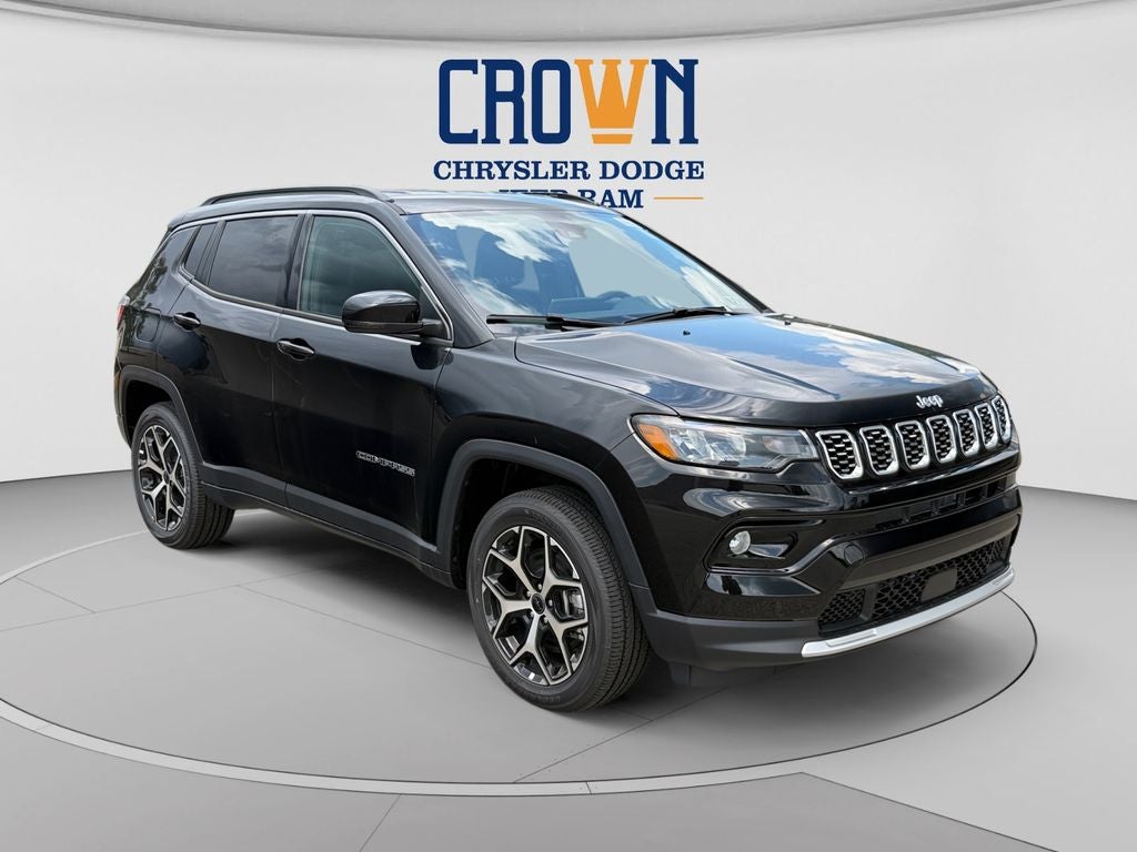 2026 Jeep Compass Limited in Diamond Black Crystal Pearlcoat — front three-quarter view
