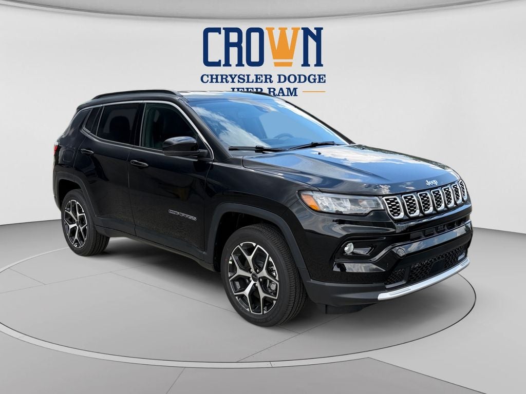 2026 Jeep Compass Limited in Diamond Black Crystal Pearlcoat — front three-quarter view