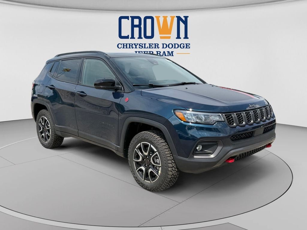 2026 Jeep Compass Trailhawk in Fathom Blue Pearl Coat — front three-quarter view