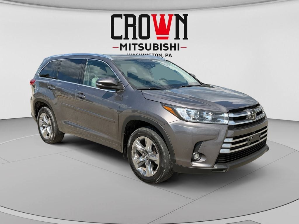 2019 Toyota Highlander Limited Platinum in Predawn Gray Mica — front three-quarter view